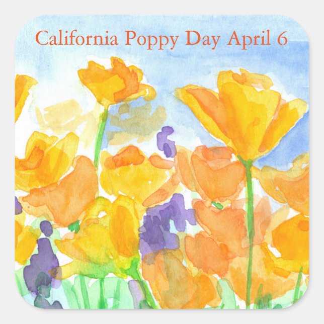 Sticker Carré Fleurs d'aquarelle California Poppy Day (Devant)