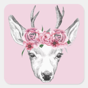 Sticker Carré Fleurs d'aquarelle Cerf