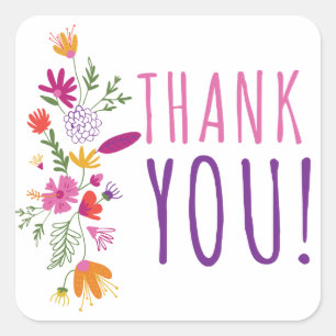 Sticker Carré Fleurs d'aquarelle en Merci rose et violet
