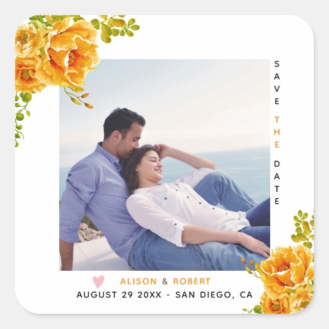 Sticker Carré Fleurs d'aquarelle orange, feuilles verts et photo (Devant)