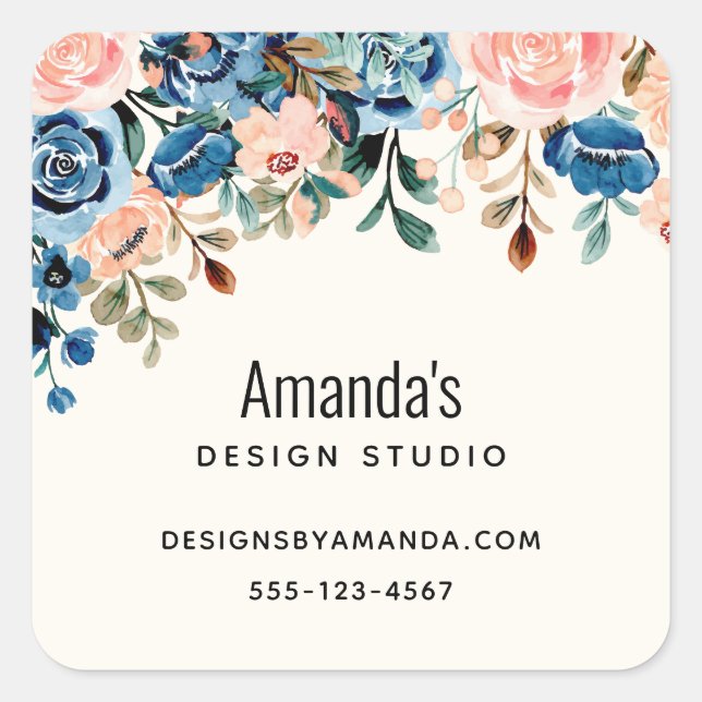 Sticker Carré Fleurs d'aquarelle rose et bleu (Devant)