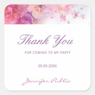 Sticker Carré Fleurs d'aquarelle Roses Écriture manuscrite Merci