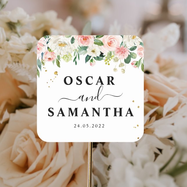 Sticker Carré Fleurs de beauté aquarelle rose moderne et gouttes (Créateur téléchargé)