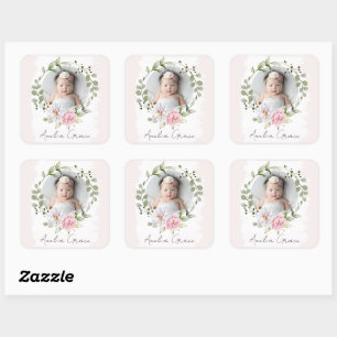 Sticker Carré Fleurs de blush personnalisées pour bébé fille Pho