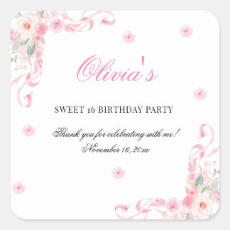 Sticker Carré Fleurs de Bow rose pâle Sweet sixteen Anniversaire