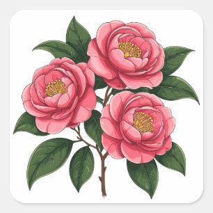 Sticker Carré Fleurs de camélia roses en fleurs avec des feuille