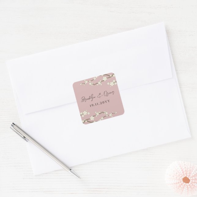 Sticker Carré Fleurs de cerisier blanc Sakura Mariage Brown (Enveloppe)