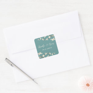 Sticker Carré Fleurs de cerisier blanc Sakura Mariage Turquoise