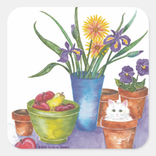 Sticker Carré Fleurs de chats blancs Aquarelle "Liliana"