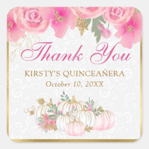 Sticker Carré Fleurs de citrouille rose aquarelle Quinceanera en