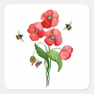 Sticker Carré Fleurs de coquelicot écarlate d'aquarelle et bourd
