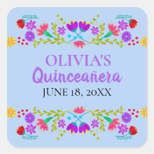 Sticker Carré Fleurs de fête mexicaine Mis Quince Anos bleu clai