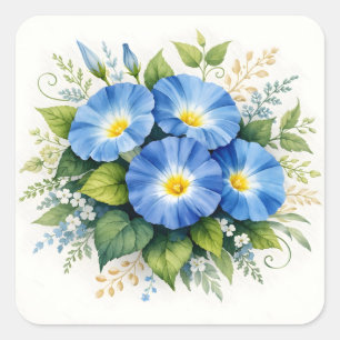 Sticker Carré Fleurs de Gloire du matin aquarelle bleue