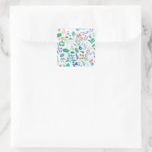 Sticker Carré Fleurs de jardin d'été Feuilles en fleurs botaniqu
