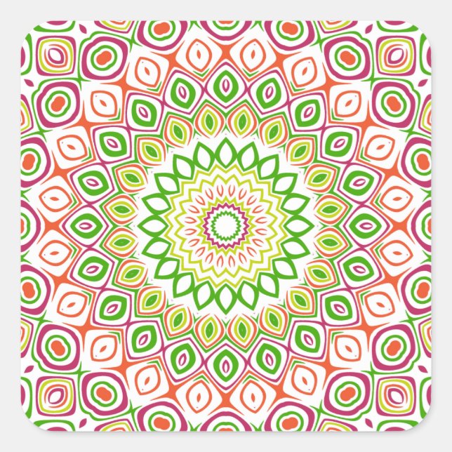 Sticker Carré Fleurs de kaléidoscope rose, vert, jaune et orange (Devant)