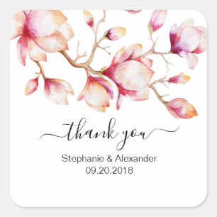 Sticker Carré Fleurs de Magnolia rose Aquarelle