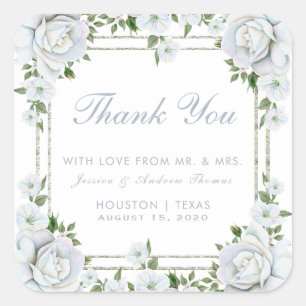 Sticker Carré Fleurs de mariage Chic Roses & Bordure Argentée Ca