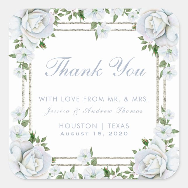 Sticker Carré Fleurs de mariage Chic Roses & Bordure Argentée Ca (Devant)