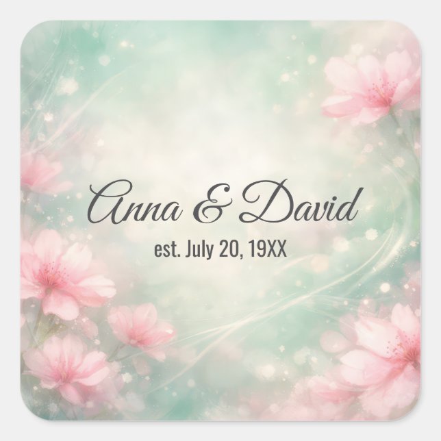 Sticker Carré Fleurs de mariage d'anniversaire sur vert menthe  (Devant)