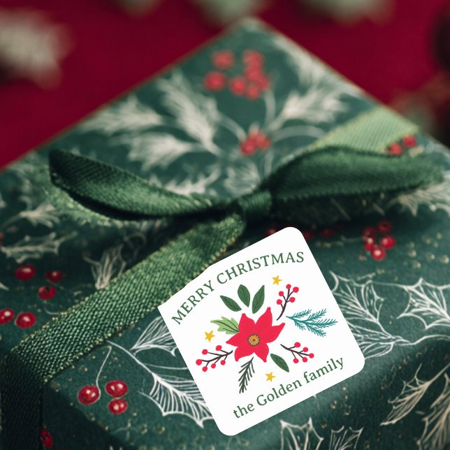 Sticker Carré Fleurs de Noël Botaniques Folithe Vacances PERSONN (Christmas Flower Botanicals Foliage Holiday CUSTOM Square Sticker
)