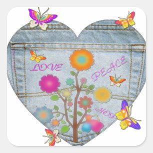 Sticker Carré Fleurs de papillons en cœur de poche en denim
