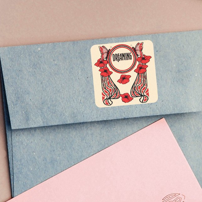 Sticker Carré Fleurs de pavot rouge Papillon Rêve Abstrait (Art Deco style flowers mosaics butterflies with text Deaming in red black circle on cream stickers.)