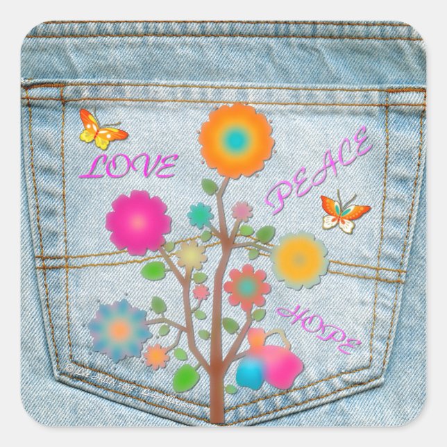 Sticker Carré Fleurs de poche arrière en denim Paix Amour Espoir (Devant)