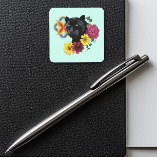 Sticker Carré Fleurs de Portrait Jaguar Noir