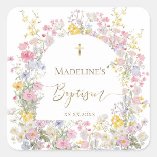 Sticker Carré fleurs de prairie aquarelle Baptême