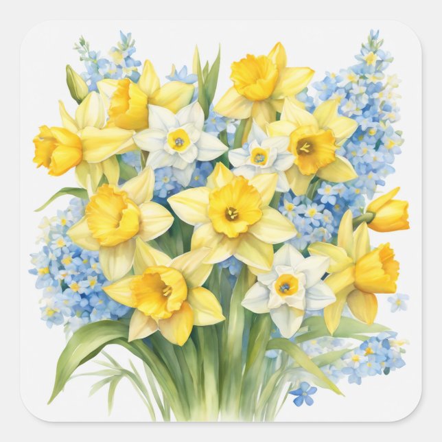 Sticker Carré Fleurs de printemps à l'aquarelle jonquilles (Devant)