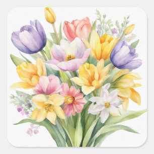 Sticker Carré Fleurs de printemps à l'aquarelle Tulipes