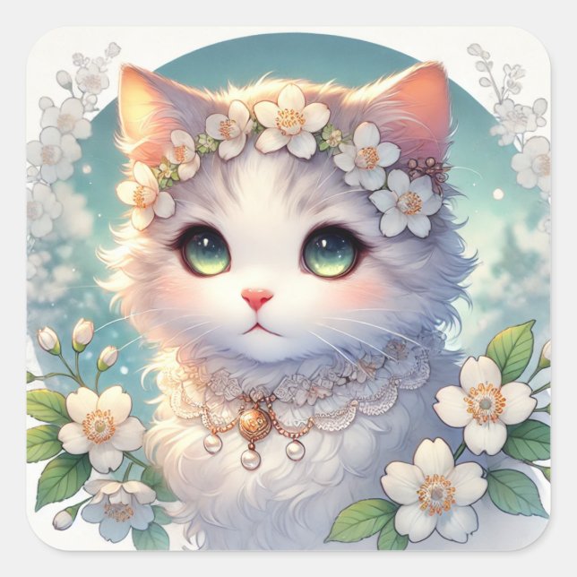 Sticker Carré Fleurs de printemps blanches Princess Cat (Devant)