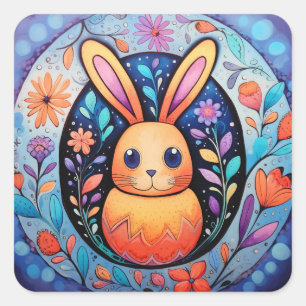 Sticker Carré Fleurs de printemps mignonnes de lapin de Pâques