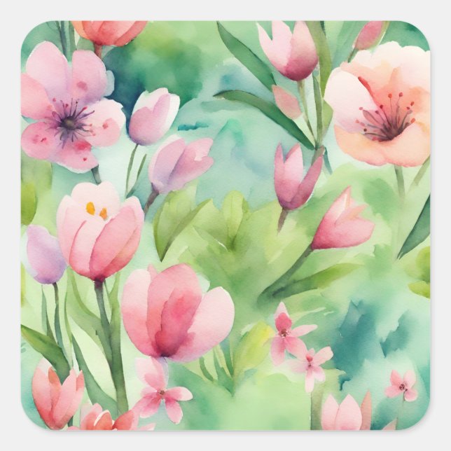 Sticker Carré Fleurs de ressort d'aquarelle (Devant)