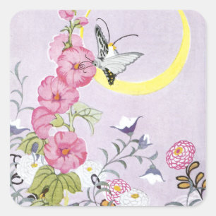 Sticker Carré Fleurs de rose trémière, de dahlia et de ballon