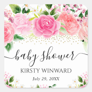 Sticker Carré Fleurs de roses roses aquarelle Baby Shower