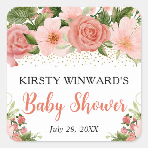 Sticker Carré Fleurs de roses roses aquarelles Boho Baby Shower