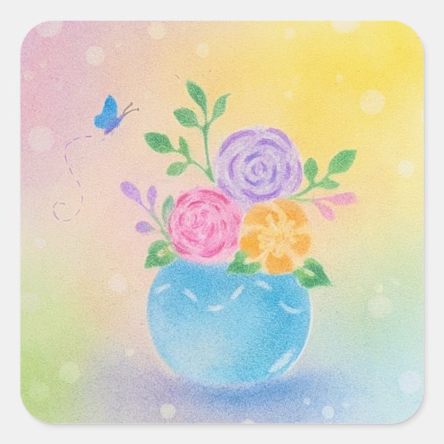 Sticker Carré Fleurs de vase pastel Papillon Art (Devant)