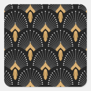 Sticker Carré Fleurs de ventilateur Art déco noir, or, blanc