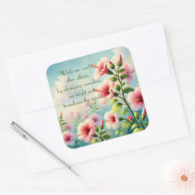 Sticker Carré Fleurs d'Hibiscus & Citation (Enveloppe)