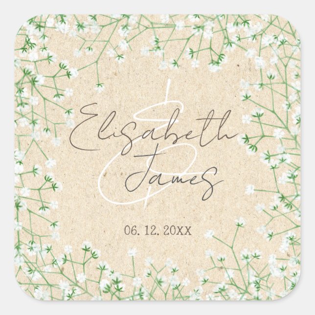 Sticker Carré Fleurs du souffle du bébé Élégant Mariage rustique (Devant)