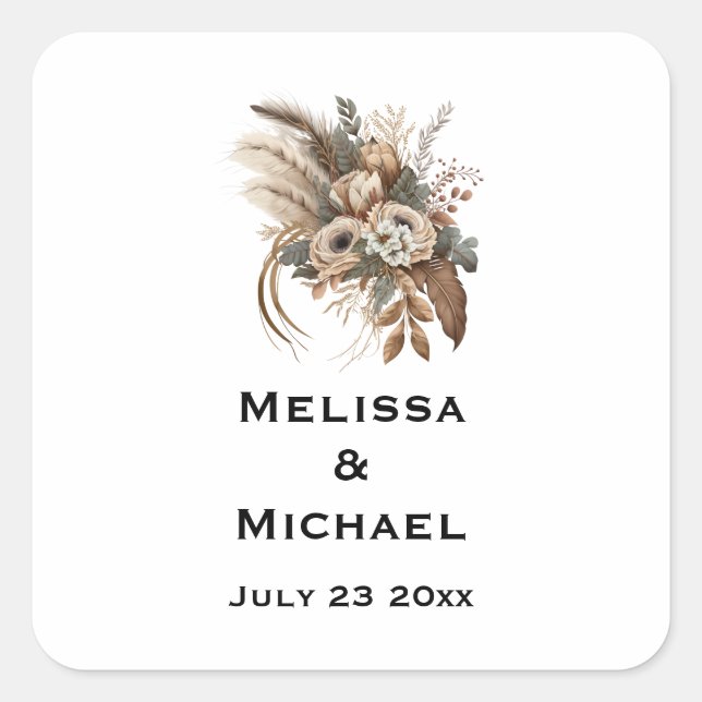 Sticker Carré Fleurs Élégantes Feuillage et plumes Mariage Date (Devant)