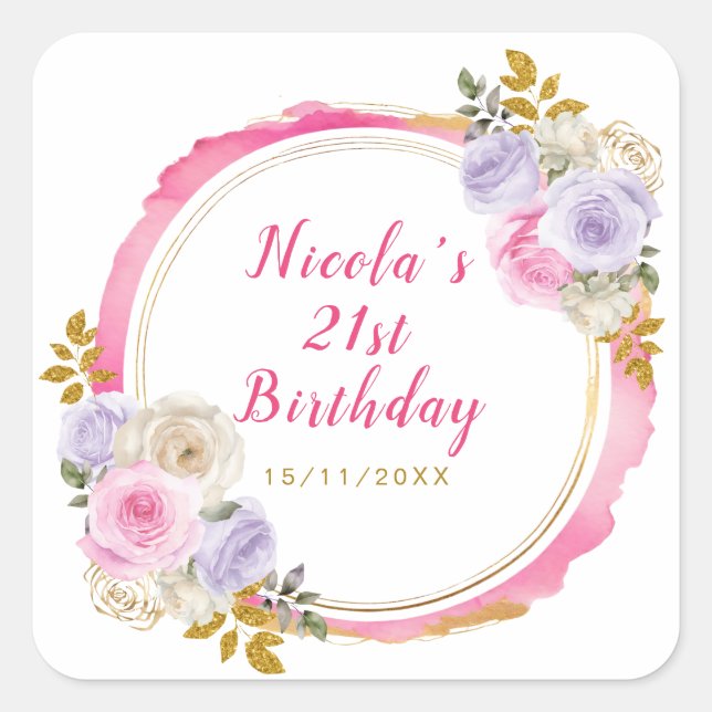 Sticker Carré Fleurs élégantes rose et violet fête d'anniversair (Devant)