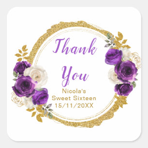 Sticker Carré Fleurs élégantes violet foncé et or pour un Sweet