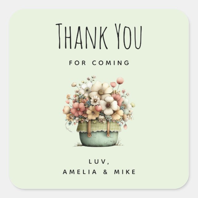 Sticker Carré Fleurs en pot Cozy Shabby Style Cute Merci (Devant)