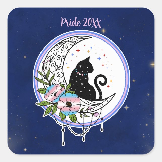 Sticker Carré Fleurs et chats en galaxie dans les couleurs du dr (Devant)