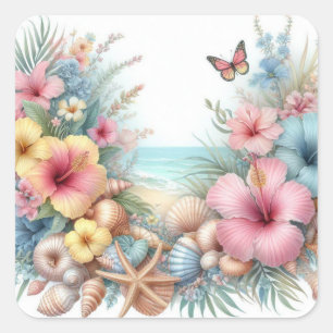 Sticker Carré Fleurs et coquillages aquarelle dans les couleurs 