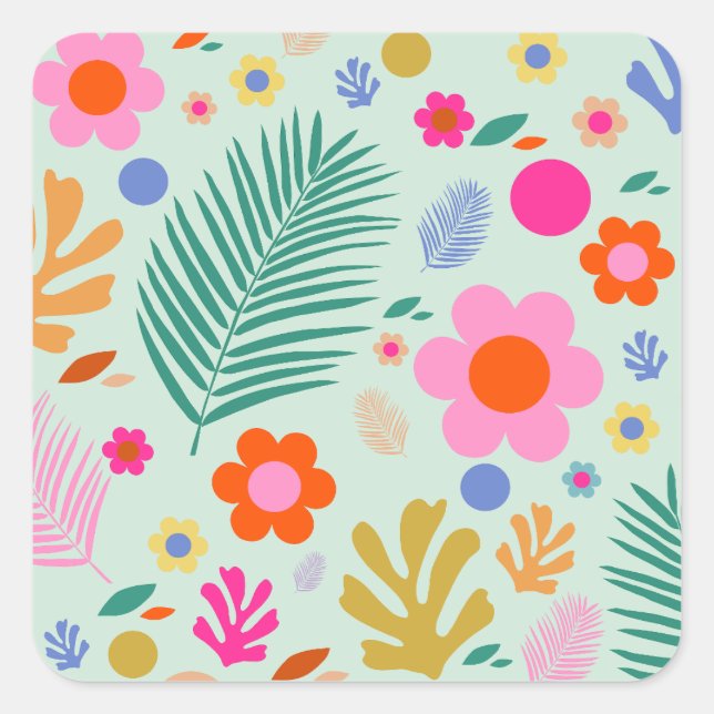 Sticker Carré Fleurs Et Feuilles 01 Vert Floral (Devant)