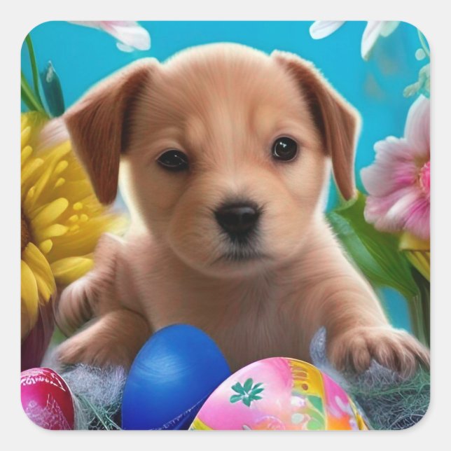 Sticker Carré Fleurs et oeufs de chiot de Pâques (Devant)