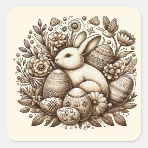 Sticker Carré Fleurs et oeufs de lapin vintages de Pâques 1er an